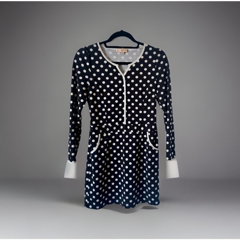 IA-MOD Navy White Polka Dot Dress Womens Medium Long Sleeve Pockets